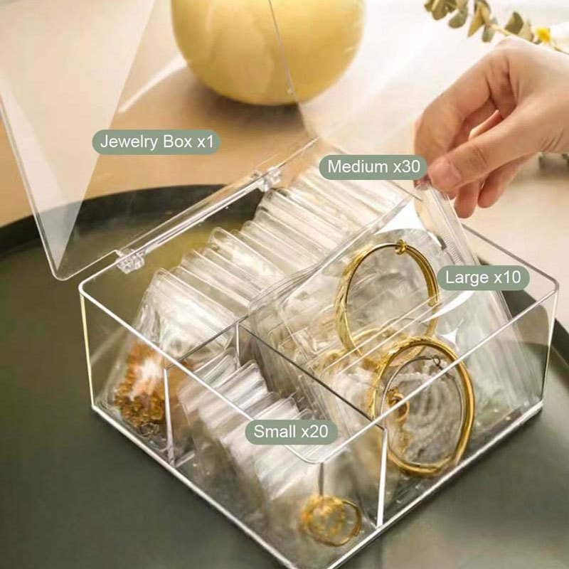 acrylic jewelry organizer box with 60 anti tarnish portable bags clear transparent storage case with compartments contemporary multipurpose floor mounted plastic box for earrings rings necklaces bracelets no electricity needed Product details 1