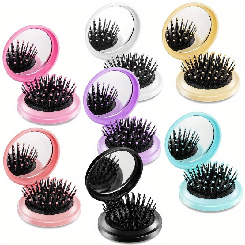 

10-pack Mini Hair Brushes With Mirrors, Travel Hair Comb, Round Abs Plastic Handle, Plastic Bristles, Normal Hair Type, 5 Colors For Men, Women, And Girls