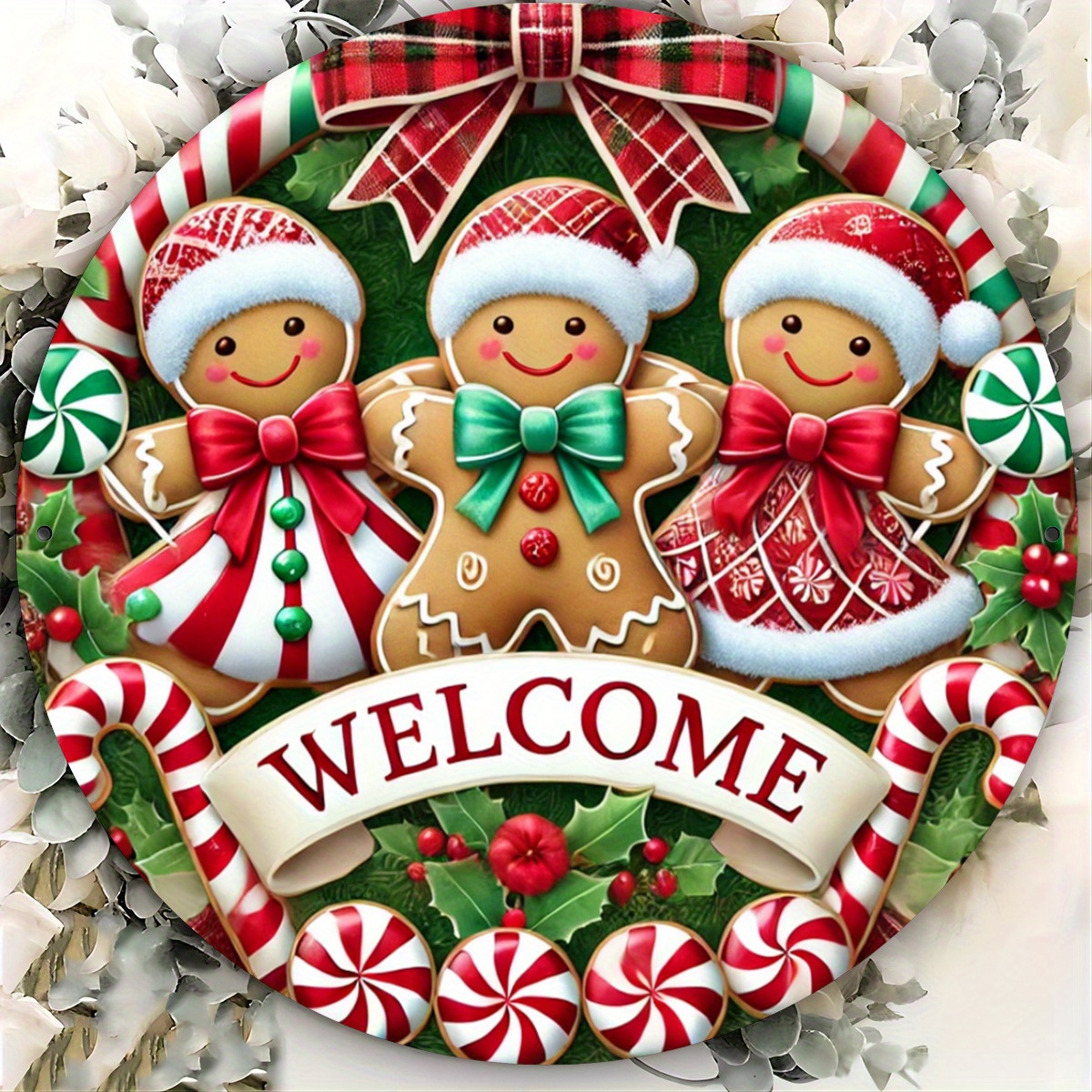 TEMU 2d Flat - 1pc Festive Gingerbread Welcome Sign - Round Aluminum Wall Art With Holiday Decorations, Home, Kitchen, Porch & Office, Gingerbread Christmas Decor, Gingerbread Christmas Decorations