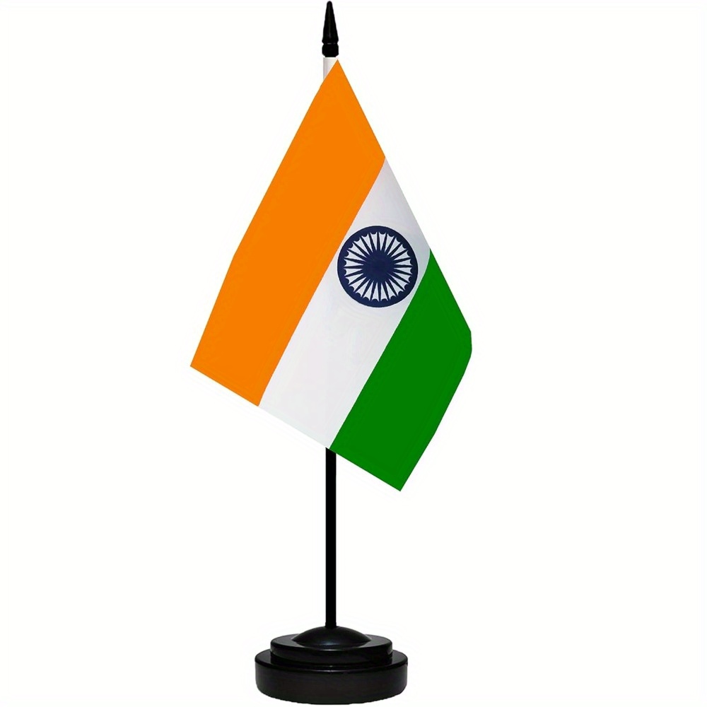 

India Table Flag Set, 2 Pack - Deluxe With Solid Pole, , And Spear Top, Polyester Fiber Miniature Flags