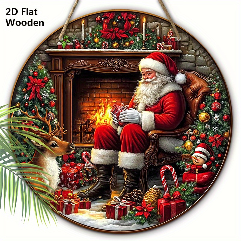 TEMU 2d Flat - A 2d Flat Wooden Christmas Sign Featuring Santa Claus And A Bonfire Fireplace, Measuring 7.87 Inches. This Round Sign Is Perfect For