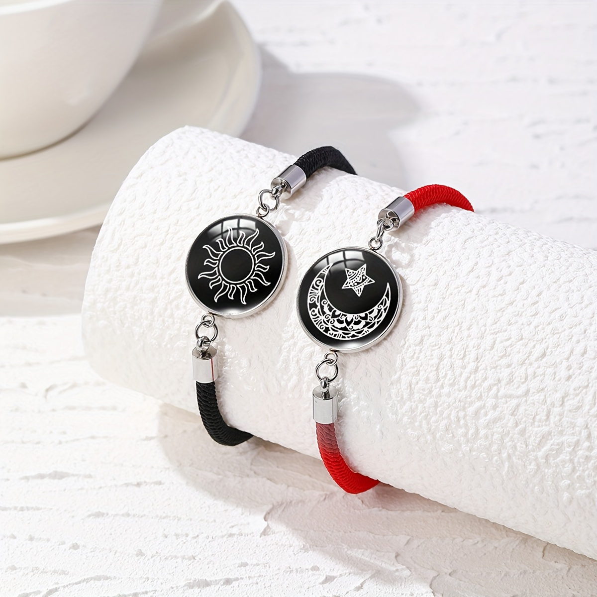 TEMU 2 Sets Of Stylish Romantic Sun And Stainless Steel -the-dark Gemstone Woven Bracelet Valentine's Day Couple Bracelet