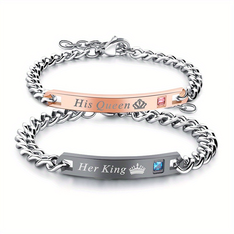 

2pcs/ Set Valentines Day Her Couple Bracelets - Steel Jewelry Set For - Engraved Matching , And Unisex - For