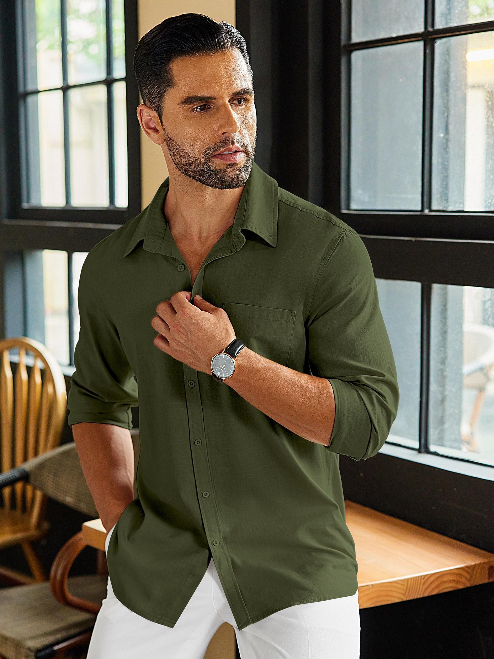 Cotton Linen Shirt Summer Long Sleeve Button Down Shirts Mens