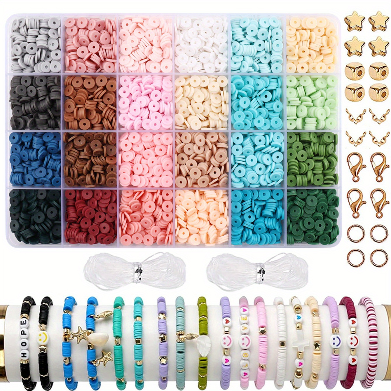 

2500pcs Polymer Clay Beads Kit For - Flat Spacer Heishi Beads With Charms & Tools, Beginners, & Necklaces Crafting