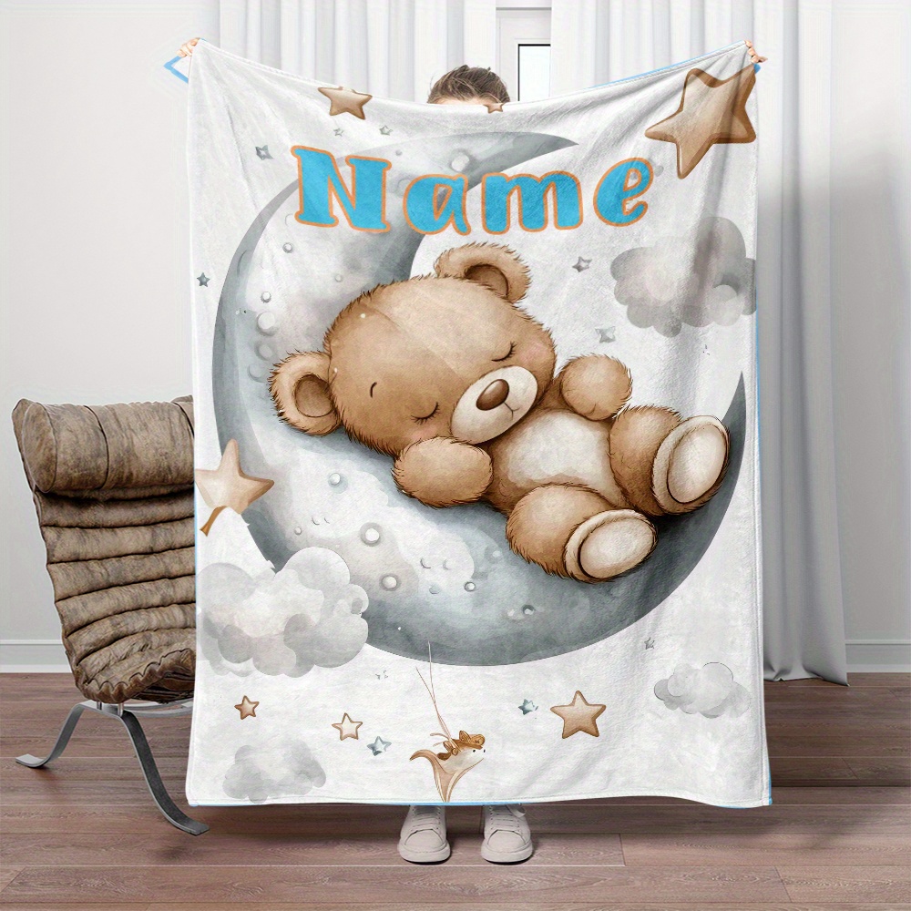 

1pc Personalized Teddy Bear On Moon Design Wearable Blanket, 100% Polyester Flannel Throw, Lightweight, Warm, , With Custom Name, For Sofa, Bed, Travel, Camping, Office - Electricity-free, Featherless