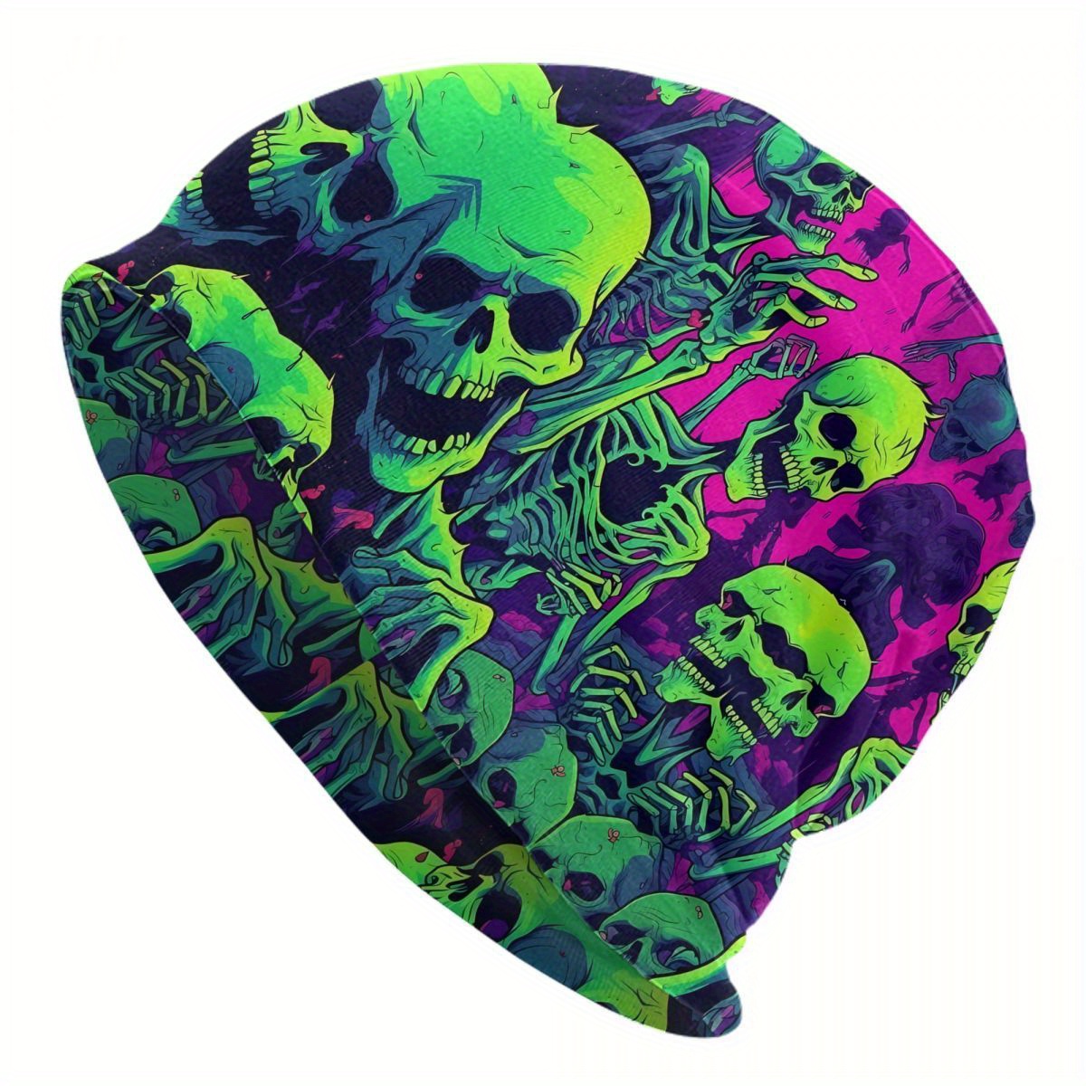 

Biihudu Funky Skull Print Beanie For Men, Knitted Polyester Stretch Hat, Unisex Knit Cap, With 95% Polyester 5% Elastane, For Halloween Zombie Theme