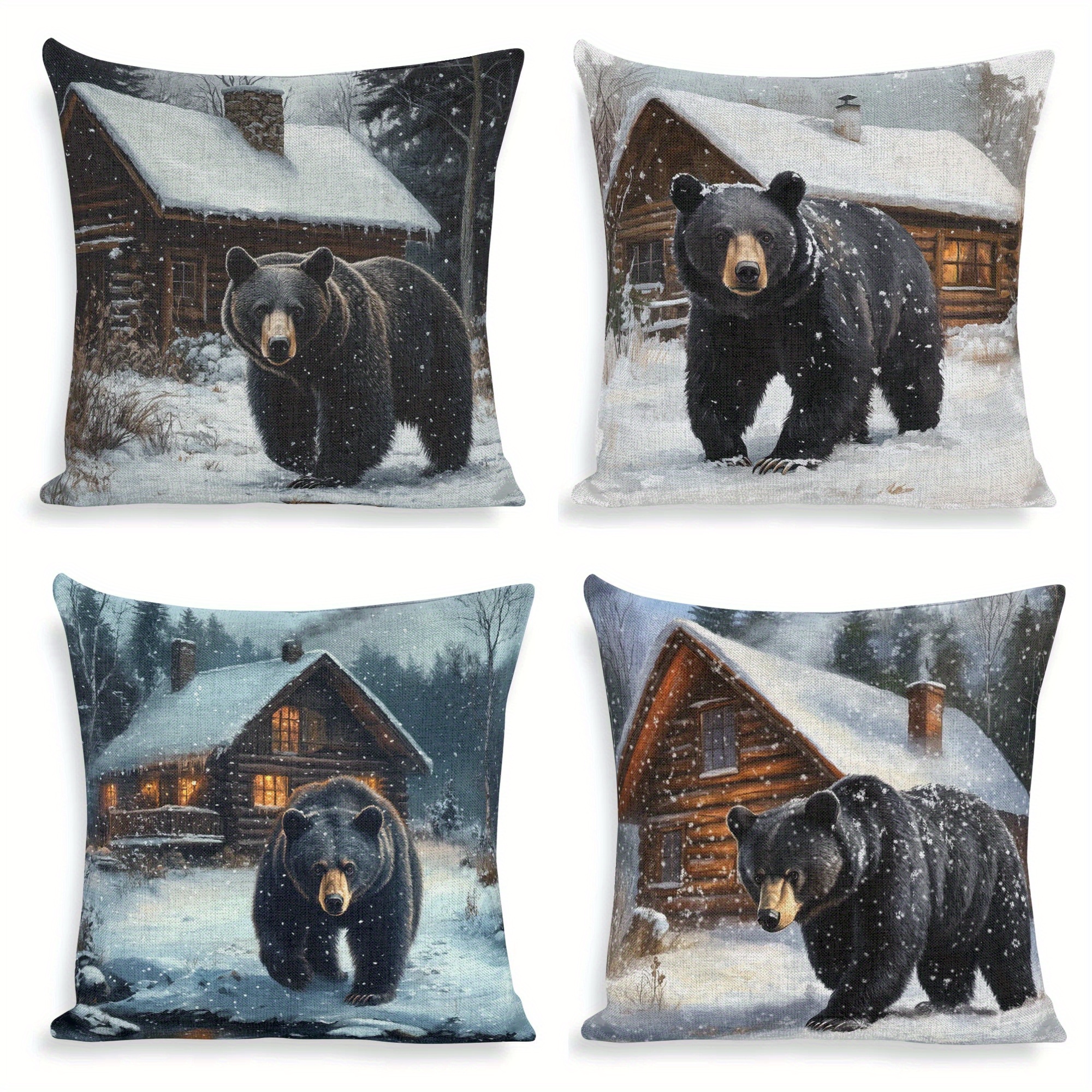 

Set Of 4 Winter Black Bear & Cabin Scene Throw Pillow Covers, 18x18 Inch, Hand Washable, Zippered Polyester Cushion Cases For Sofa, Chair, Bed, Home And Office Decor - Contemporary Woven Style