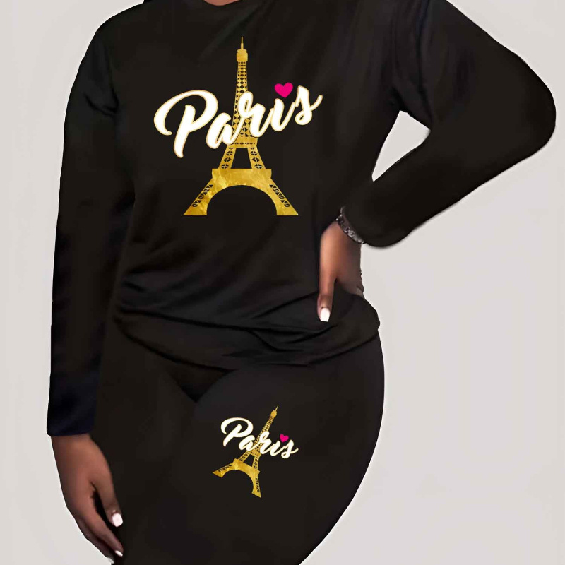 

Large Size Casual Suit, Women's Plus Letter Long Sleeve Round Neck Pants Set 2pcs