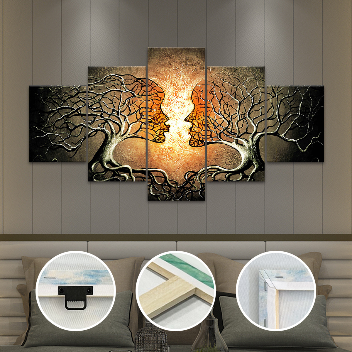 E-shop 2D Flat, 2D Flat, 2D Flat Set mit 5 modernen Leinwanddrucken mit Holzrahmen, stilvolles Kussbaum-Design. Ideal für die Wohnungsdekoration. Diese