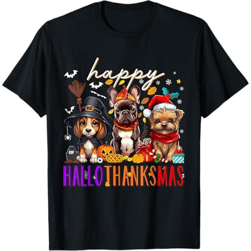 

Happy Dogs Halloween Thanksgiving Christmas T-shirt, 100% Cotton, Gift For Men Women Dad Mom Friends, S-xxxl, Black