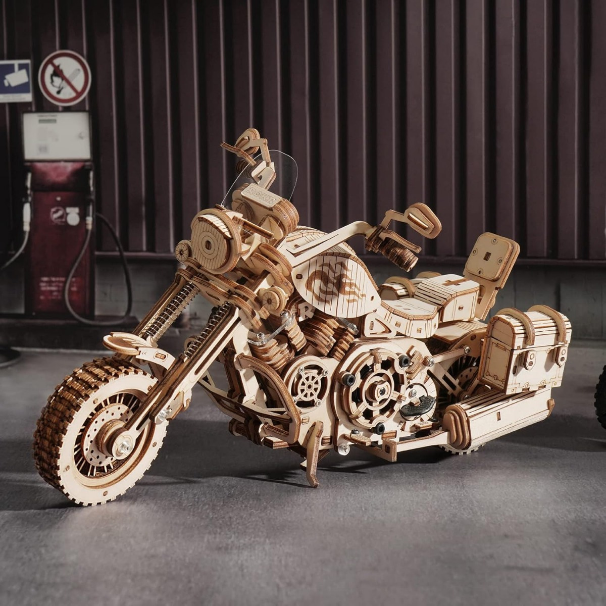 TEMU Rokr 3d Wooden Puzzle Mechanical Gear Motorcycle Model - Challenging Assembly With Moving Parts, Realistic Cruiser Bike Design, Light Brown Wood