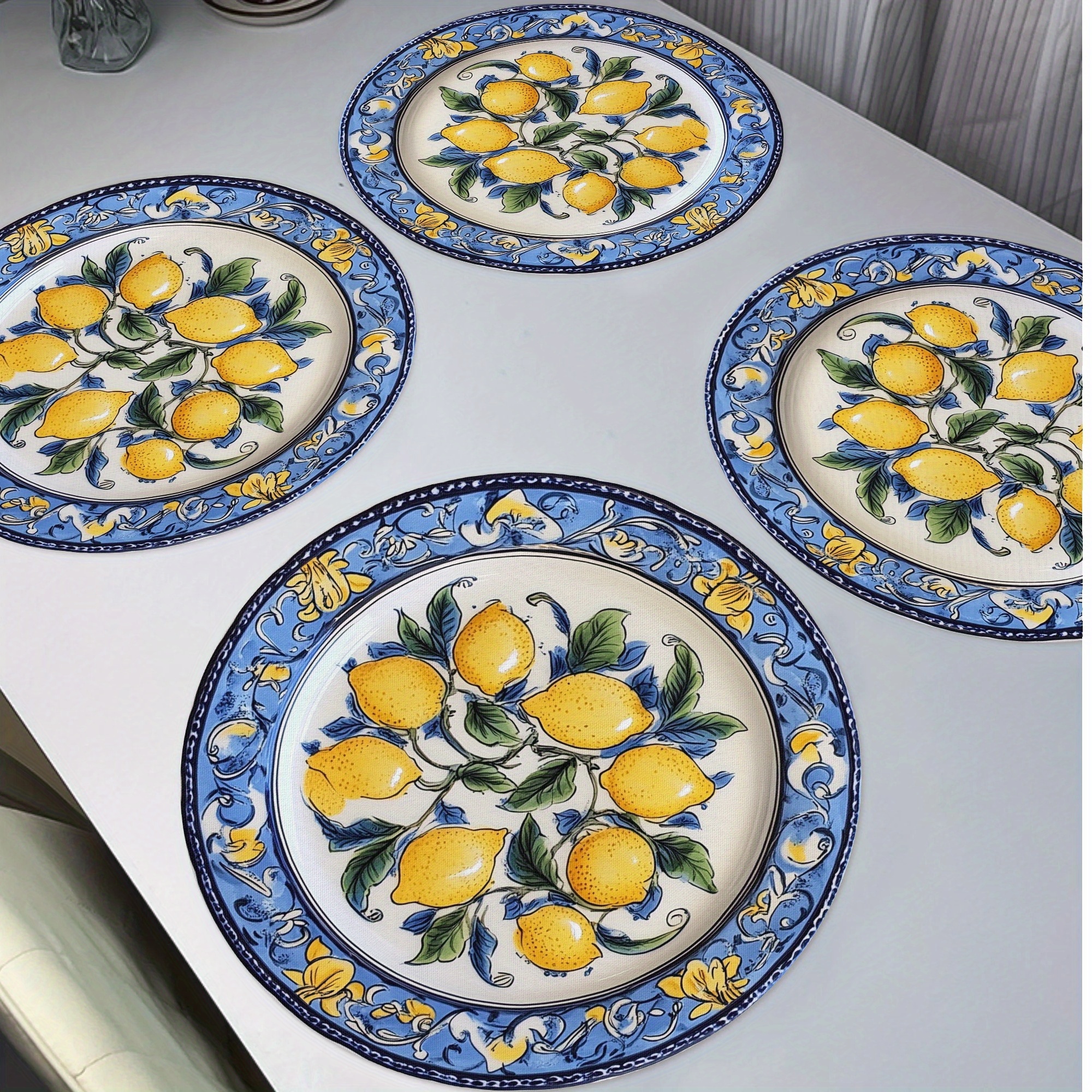 

4-pack Round Polyester Placemats With Lemon Pattern - 15" Knit Fabric Table Mats, Non-slip, Heat Resistant, Hand Washable For Dining & Kitchen Decor