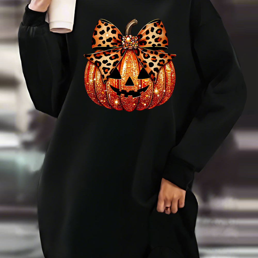 

Cozy Fleece-lined Pumpkin Print Sweatshirt Dress For Women - Casual Crew Neck, Long Sleeve, Machine Washable - Fall/winter