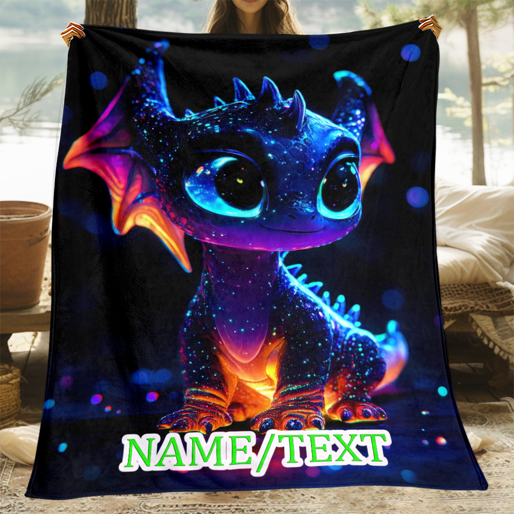 

Customizable Glowing Dragon Flannel Blanket - 1pc Personalized Name/text Print, Soft Warm Throw For Sofa, Office, Chair, Camping, Travel - Polyester, No Electricity Needed, Featherless