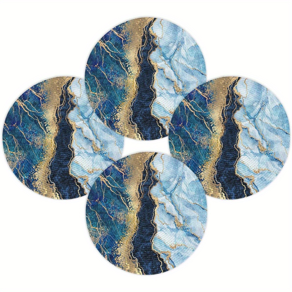 

Set Of 4 Round Blue Abstract Marble Placemats, Washable, Heat-resistant, Kitchen Table, Party, Home Decoration, 15 Inches