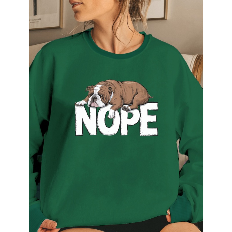 

Women's Bulldog Graphic Nope Sweatshirt - 100% Polyester Crew Neck Pullover With Geometric Pattern, Casual Knit Fabric For Fall/winter