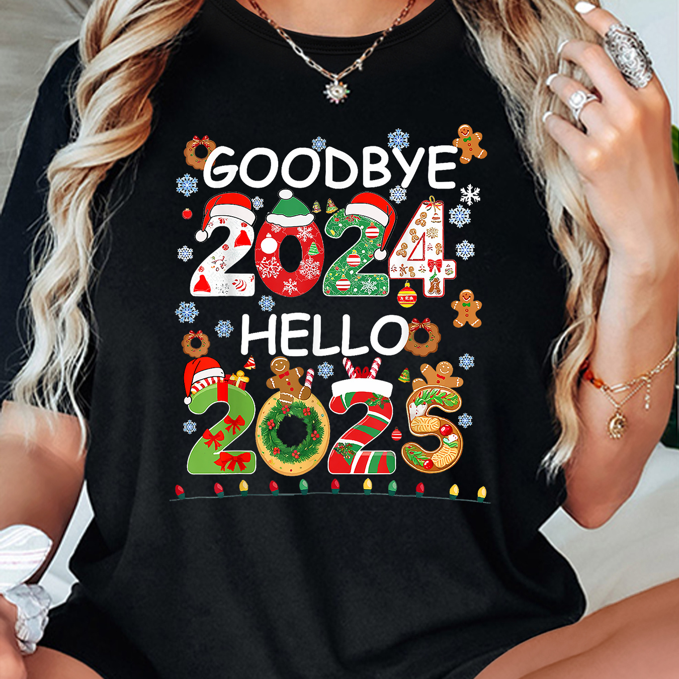 

Goodbye 2024 Hello 2025 Christmas Themed Print T-shirt For Women - Casual Round Neck Knit Fabric Pullover With Cartoon Pattern, Polyester , , Unisex Short Sleeve Top