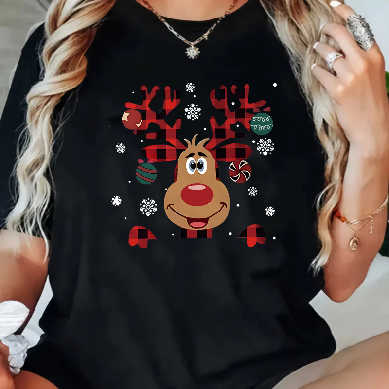 

Plus Size Casual Christmas Reindeer Print T-shirt - Knit Polyester , Short Sleeve, Crew Neck, Geometric Pattern, Stretch, Pullover Tee For Women