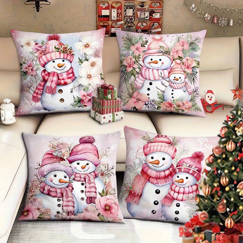 

Vintage Linen Throw Pillow Covers Set Of 4 - Christmas Pink Snowmen Cushion Cases For Living Room Bedroom Sofa - Hand-woven, Zip Closure, Home Decor - 100% Linen, Hand Wash Only