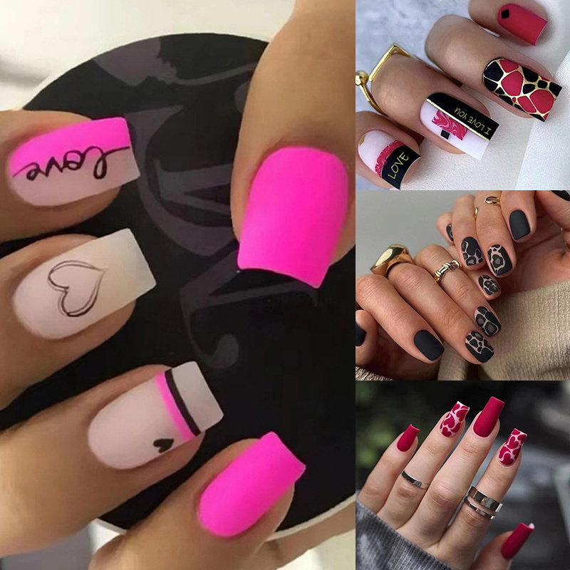 

96 Pieces Of And Pressed On The Nails, Fake Nails With And Love Decoration, Short Square Shape Sweet Fake Nails, Suitable For Women