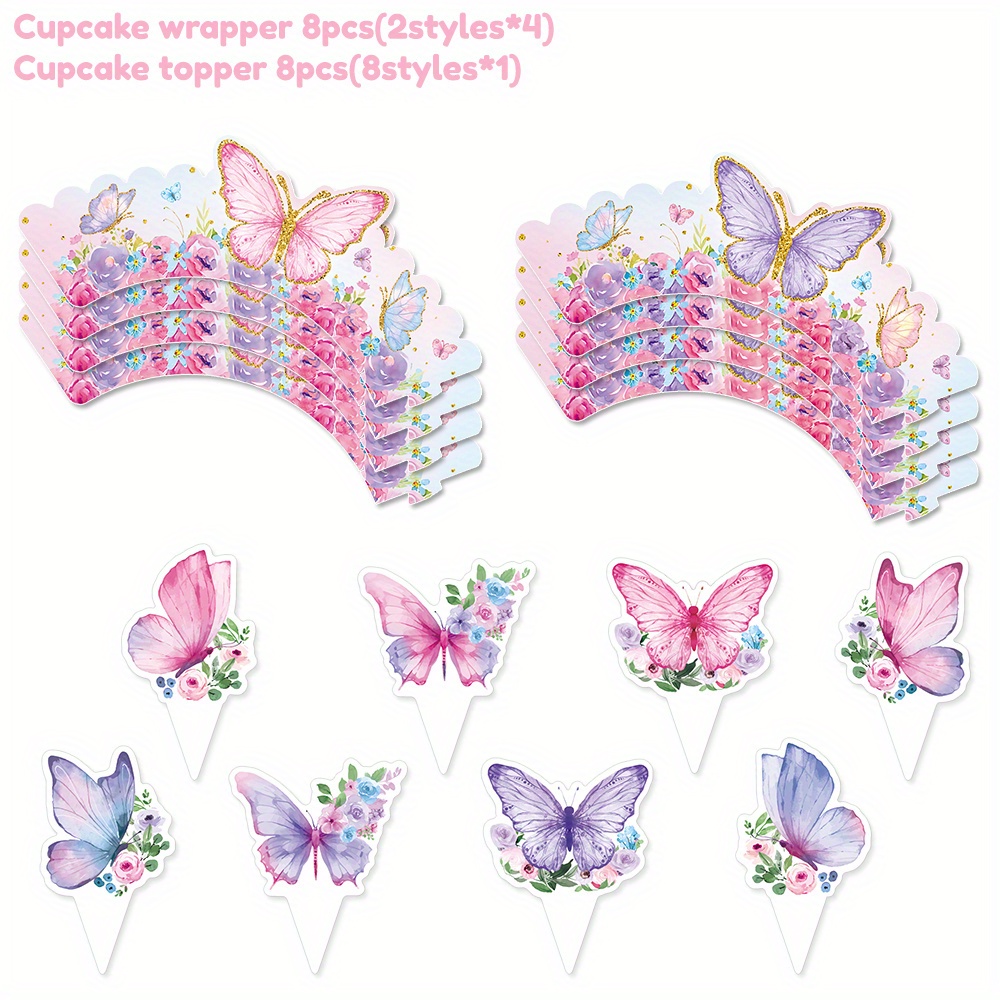 Image of 16pcs (8sets) Pink Purple For Theme Cupcake Topper Flowers Wrapper Cake Decoration For Birthday Party Decorations, Cake Decorating Supplies Valentine's Day Shower Supplies, Halloween, Christmas