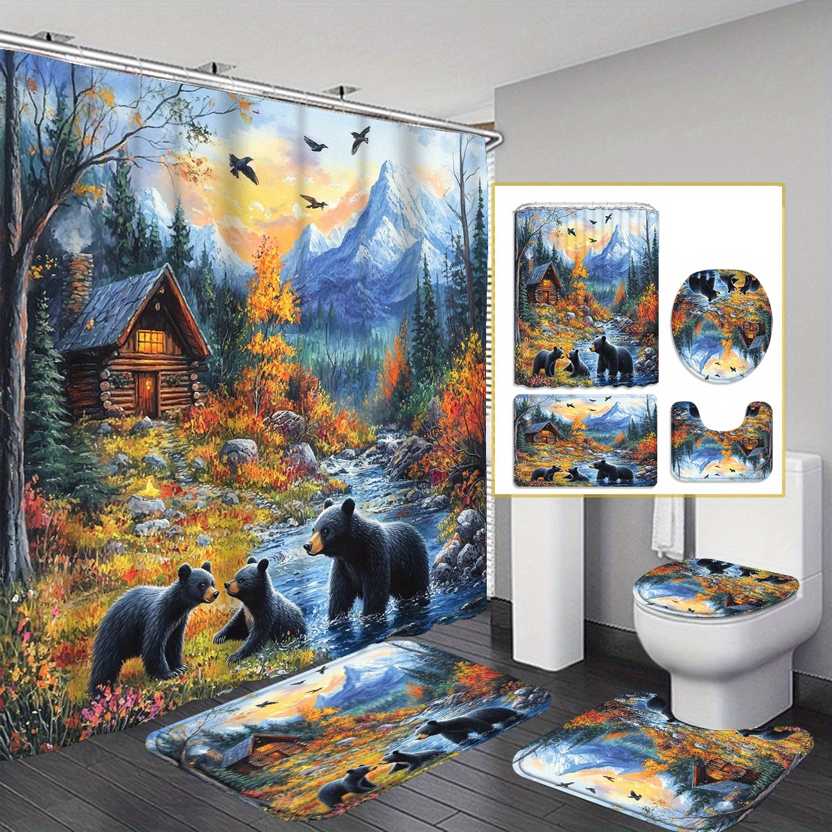 

1pc/4pcs And Bear, Pattern Shower Curtain, Personalized Bathroom Decoration, Shower Curtain Set 12 , Bathroom Rug, U-shaped Mat, Mat, Bathroom Decoration