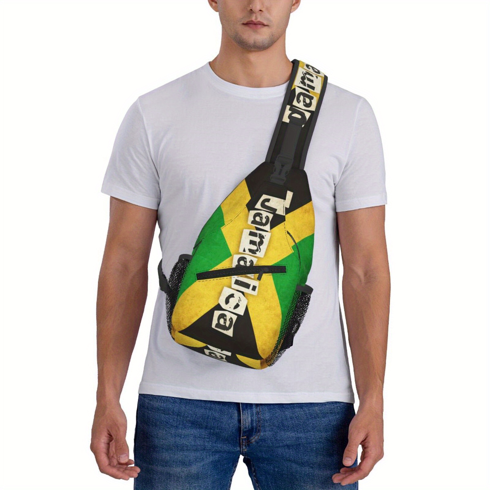 

Lightweight Foldable Chest Bag With Jamaica Flag Print, Polyester Lining, Adjustable Shoulder Strap, Zipper Closure, Fashion Sling Bag For Motorcycle, Travel, And - Hand Washable