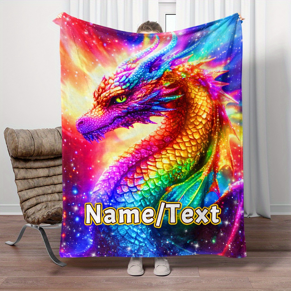 

1pc Personalized Glowing Dragon Print Flannel Throw Blanket - Custom Name Soft Fleece Blanket For Sofa, Bed, Office - Lightweight, No Electricity Needed, 100% Polyester