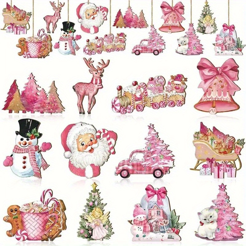 

24 Pcs Pink Christmas Ornaments, Vintage Wooden Snowman, Elk, Santa Claus, Christmas Wall Decorations, Christmas Tree Decoration Pendants, Thanksgiving, Holiday Party Decorations