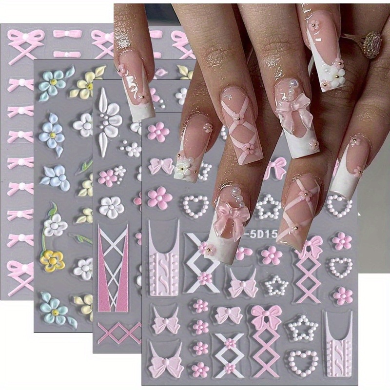 

8sheets Flower Nail Stickers For Nail Art 5d Embossed Bow Nail Art Stickers Flowers Nail Decals Cute Nail Design Floral Nail Sticker For Women Girls Manicure Decoration Accessories