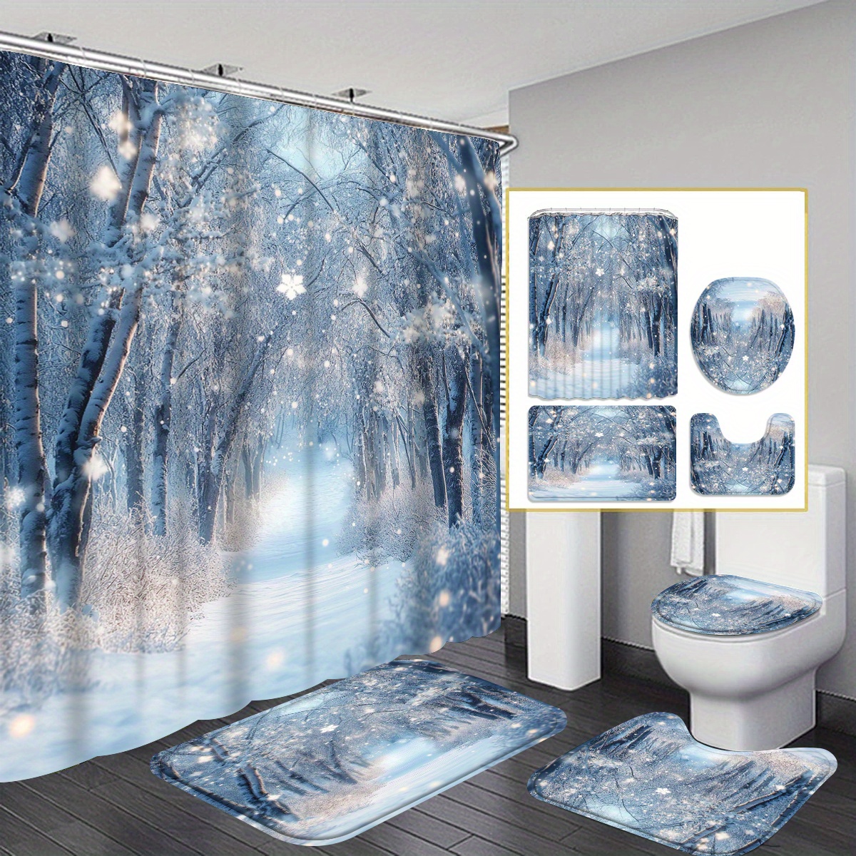 

1pc/4pcs , Pattern Shower Curtain, Personality Bathroom Decoration, Shower Curtain Set 12 , Bathroom Rug, U-shaped Mat, Lid Mat, Bathroom Decoration