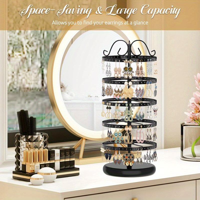 

Elegant 5-tier Metal Jewelry Organizer - Rotating Earring & Necklace Holder With 220 Hooks, Black Display Stand For Women