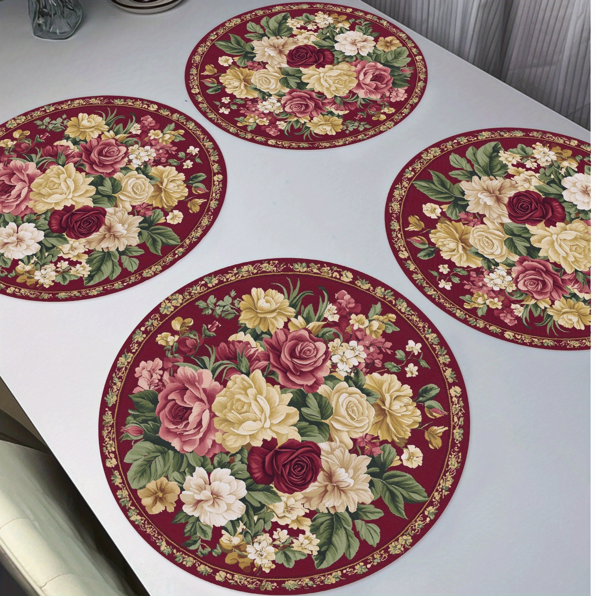 

Vintage Floral Round Placemats 4-pack, Hand Wash Only, Knit Fabric, Non-slip, Heat Resistant, Polyester Table Mats For Dining, Kitchen, And Home Decor - 15