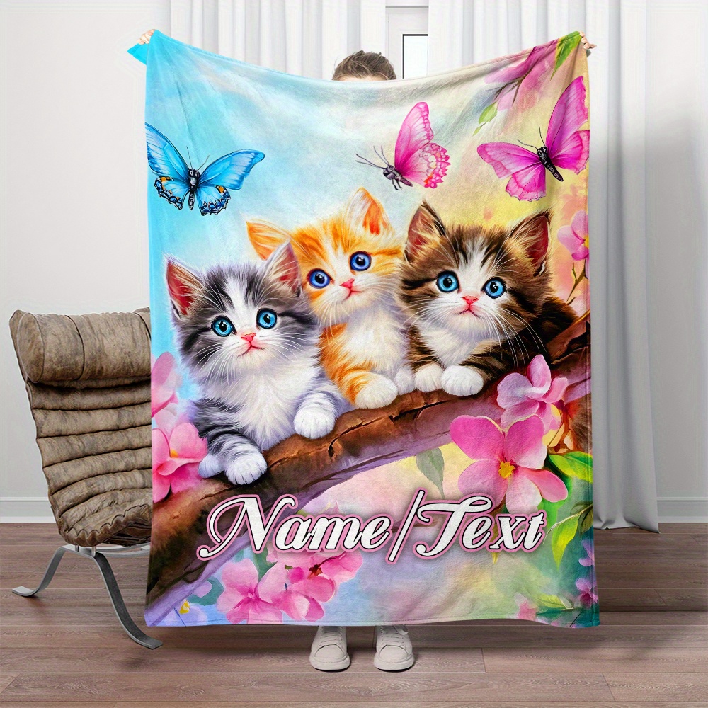 

Personalized Kitten & Floral Print Flannel Throw Blanket - Soft, Lightweight & Warm For Couch, Bed, Travel & Camping - Custom Name Option, Digital Printing, Office Chair, Portable