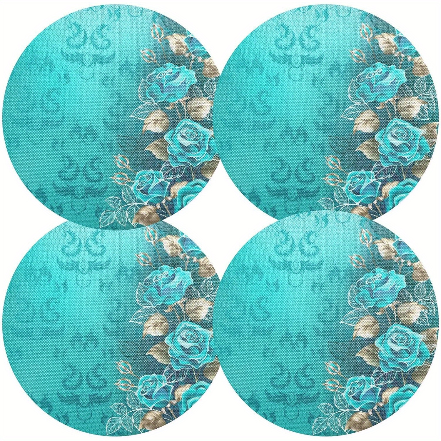 

Round Placemats Set Of 4 Teal Turquoise Rose Flowers Kitchen Table Place Mats Pvc Table Mats 15.4 Inch