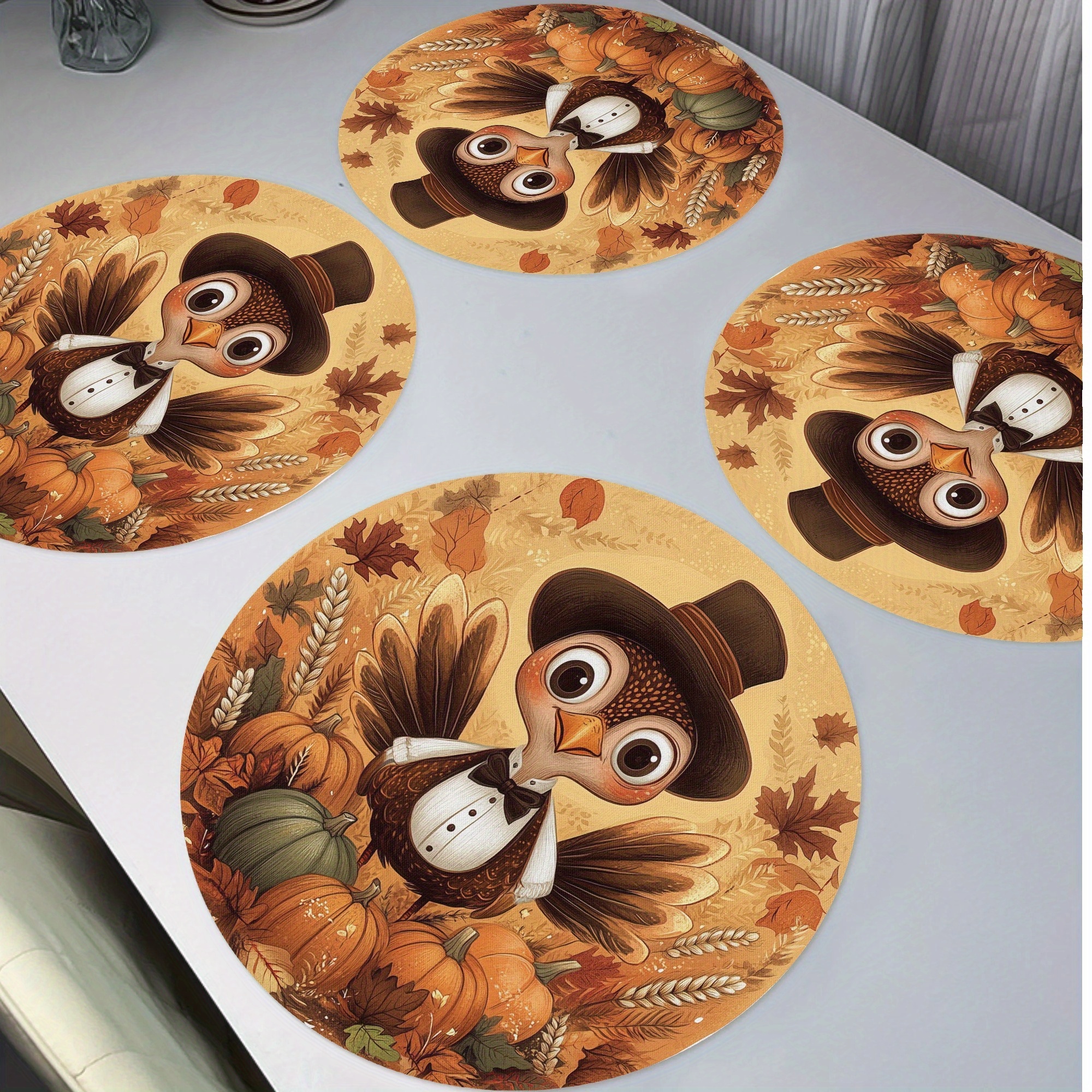 

4pcs Turkey Round Placemats, Seasonal Table Place 15" For Dining Fall Decoration