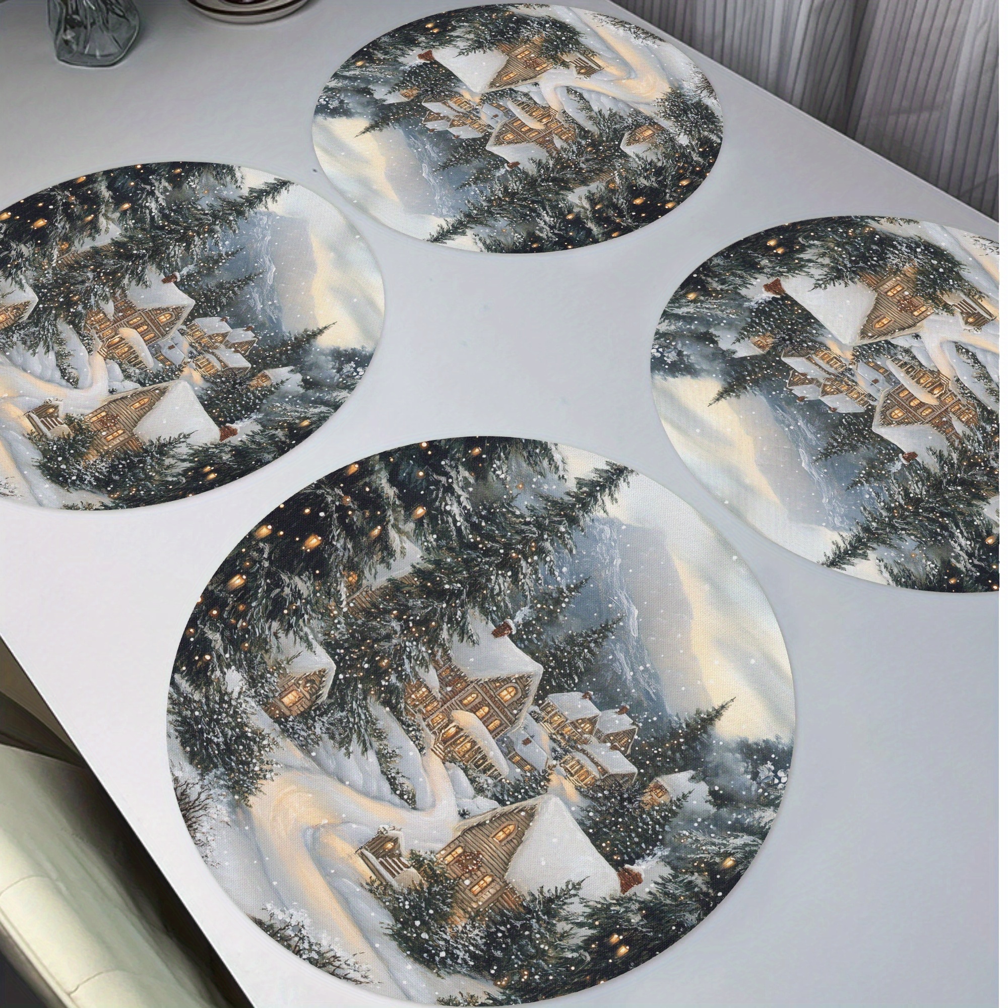 

4-piece Polyester Round Placemats, Snowy Christmas Village And Trees Design, 15-inch Knit Fabric Table Mats For Holiday Dining - Hand Wash Only