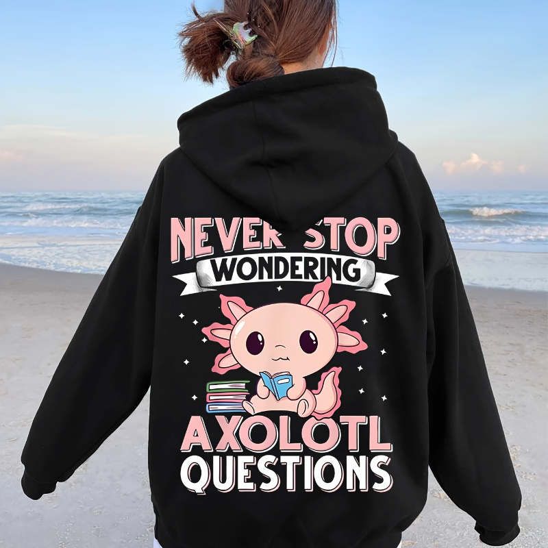 

Casual Polyester Hoodie With Knit Fabric - Fall/, Women's Pullover With Hood, Alphabet & Cartoon Axolotl Print, Drawstring, No