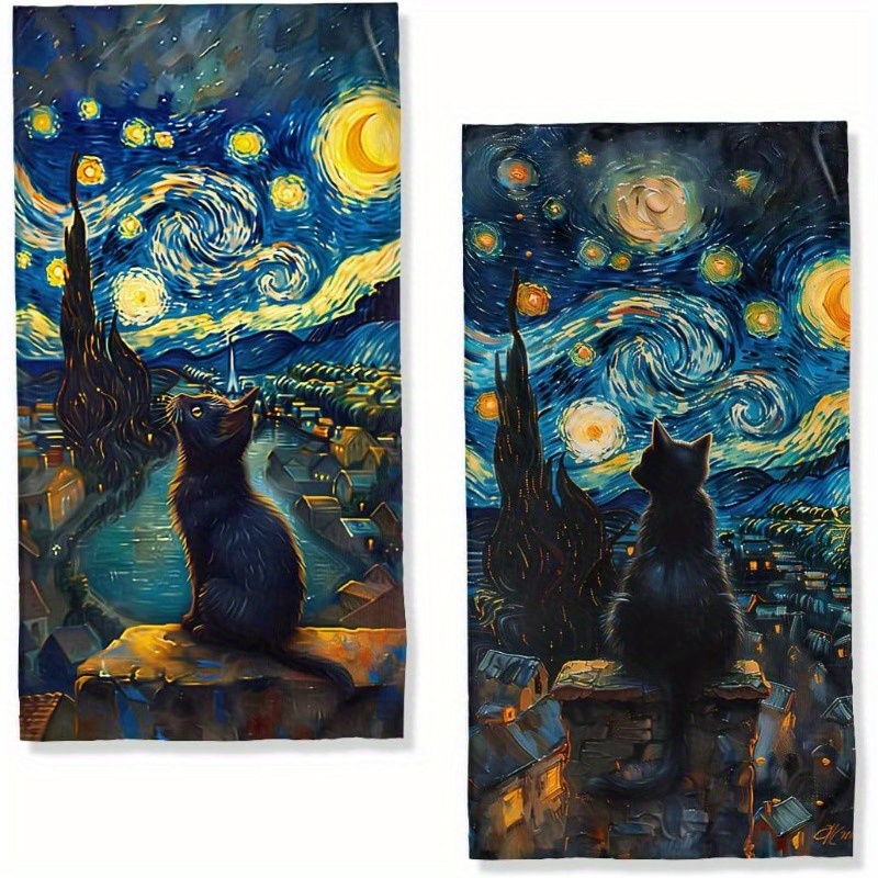 

2-pack Starry Night Black Cat Microfiber Bath Towels, 18x26 Inch, Super Soft Polyester, Modern Woven Cartoon Design, Quick-dry And Machine Washable, Towels For Bathroom, Spa, Gym, Yoga, Home Decor