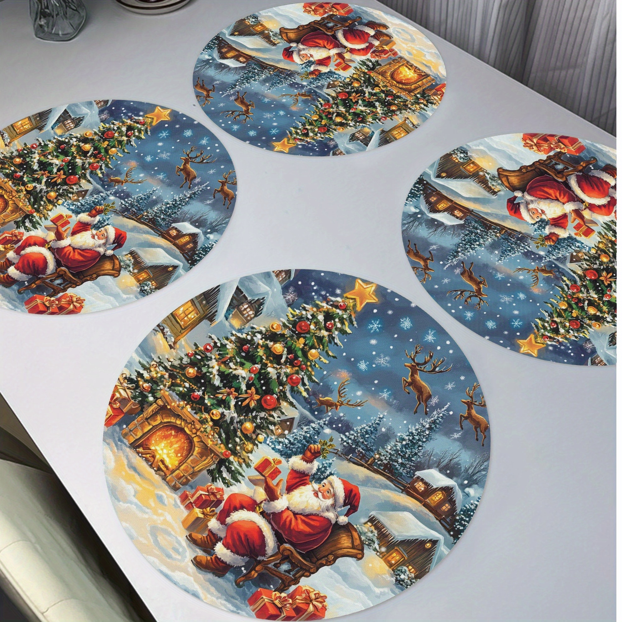 

4-pack Christmas Santa & Elk Round Placemats, Hand Washable Knit Fabric, Non-slip, Heat Resistant, Polyester Table Mats For Kitchen, Dining, Party Decor - 15