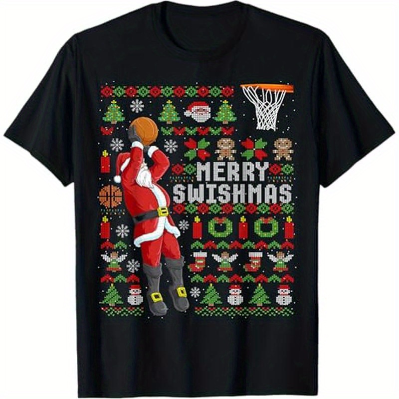 

Merry Swishmas Ugly Christmas Basketball Christmas T-shirt, 100% Cotton, Halloween Thanksgiving Christmas Gift For Men Women , S-xxxl, Black