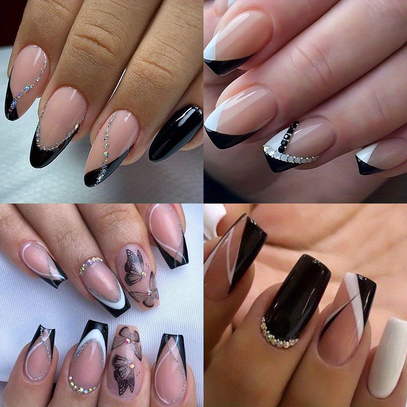 

96pcs (4 Pack) Medium Square Press-on Nails, Black And Nude French Tip With Rhinestone Accents, Glitter Pattern Artificial False Nail Set