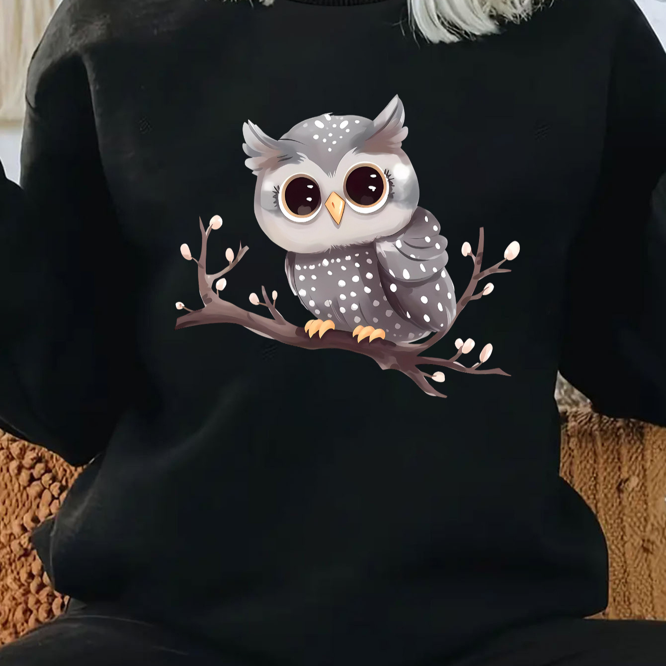 

Cozy Plus-size Owl Graphic Women's Sweatshirt - Casual Fleece-lined Pullover With Round Neck, Machine Washable,