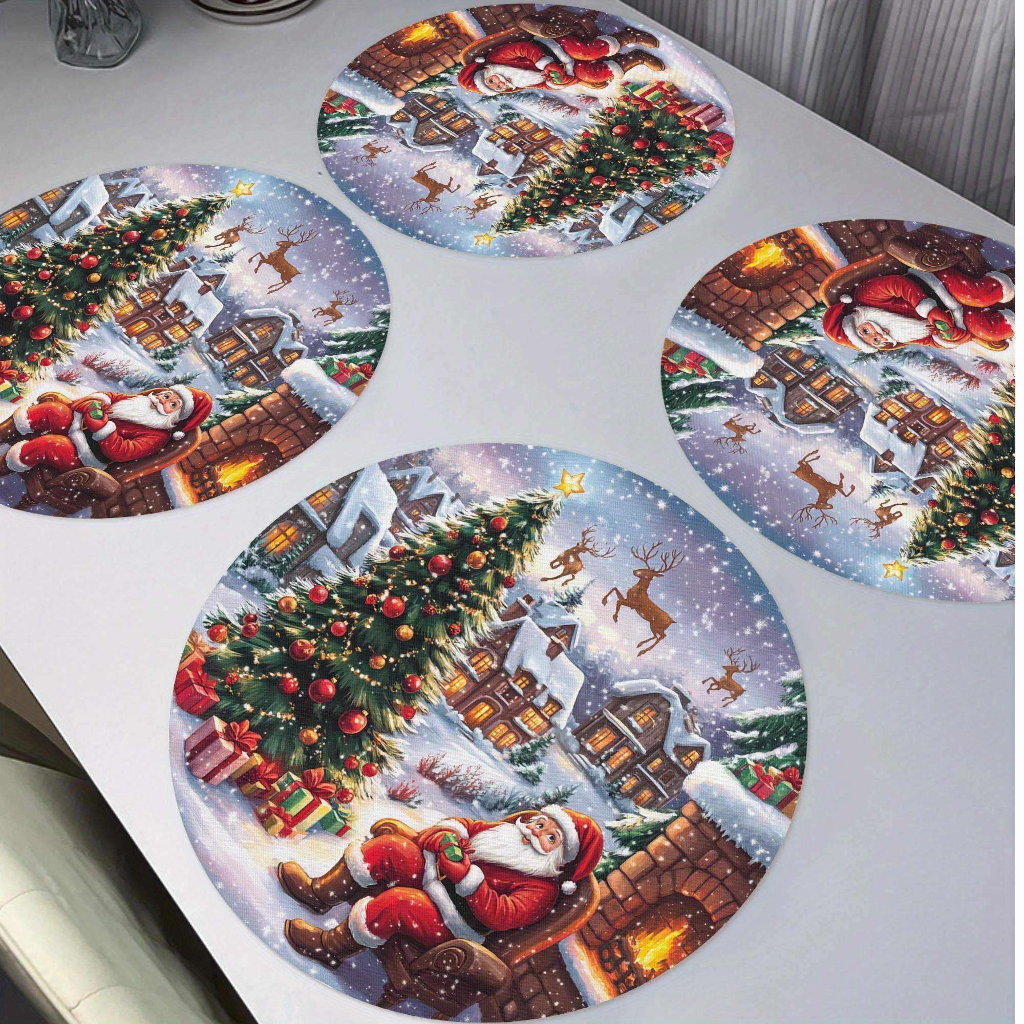 

4-pack Christmas Round Placemats With Santa, Elk, And Fireplace Design - Hand Washable, Knit Fabric, Non-slip, Heat Resistant Polyester Table Mats For Dining And Kitchen Decor