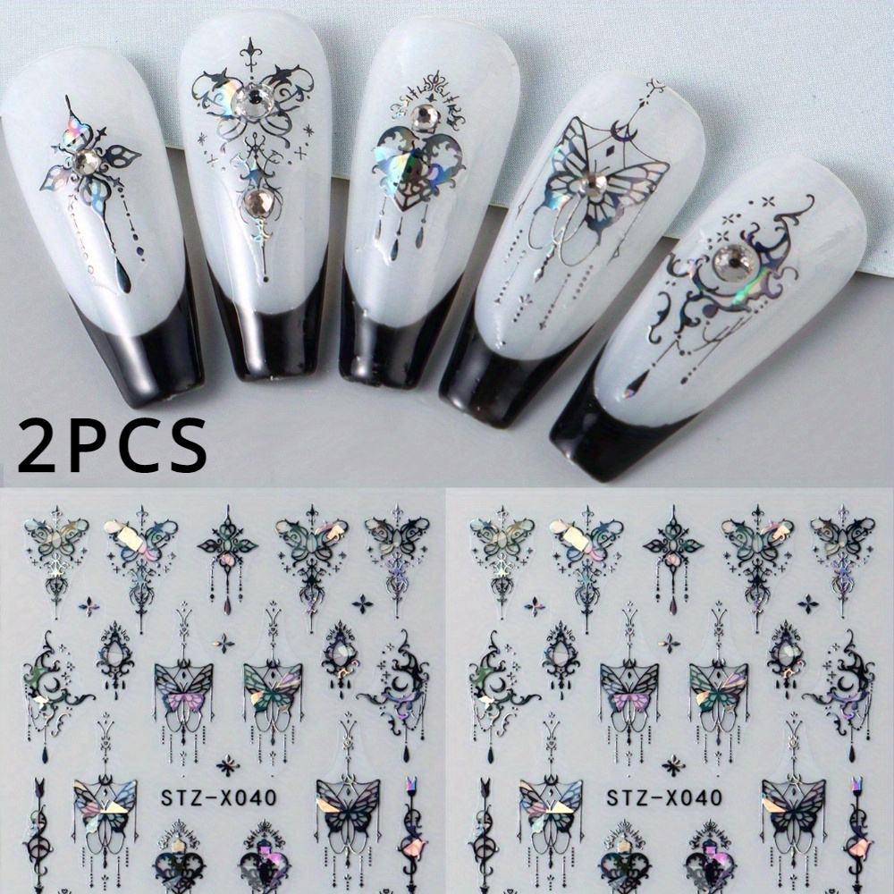 2pcs Laser Stickers For Nails Holographic Black Jewelry Butterflies Adhesive Slider 3d For Nail Art Decal Decoration For Nail Decals For Nail Design Manicure Tips Friend Gift