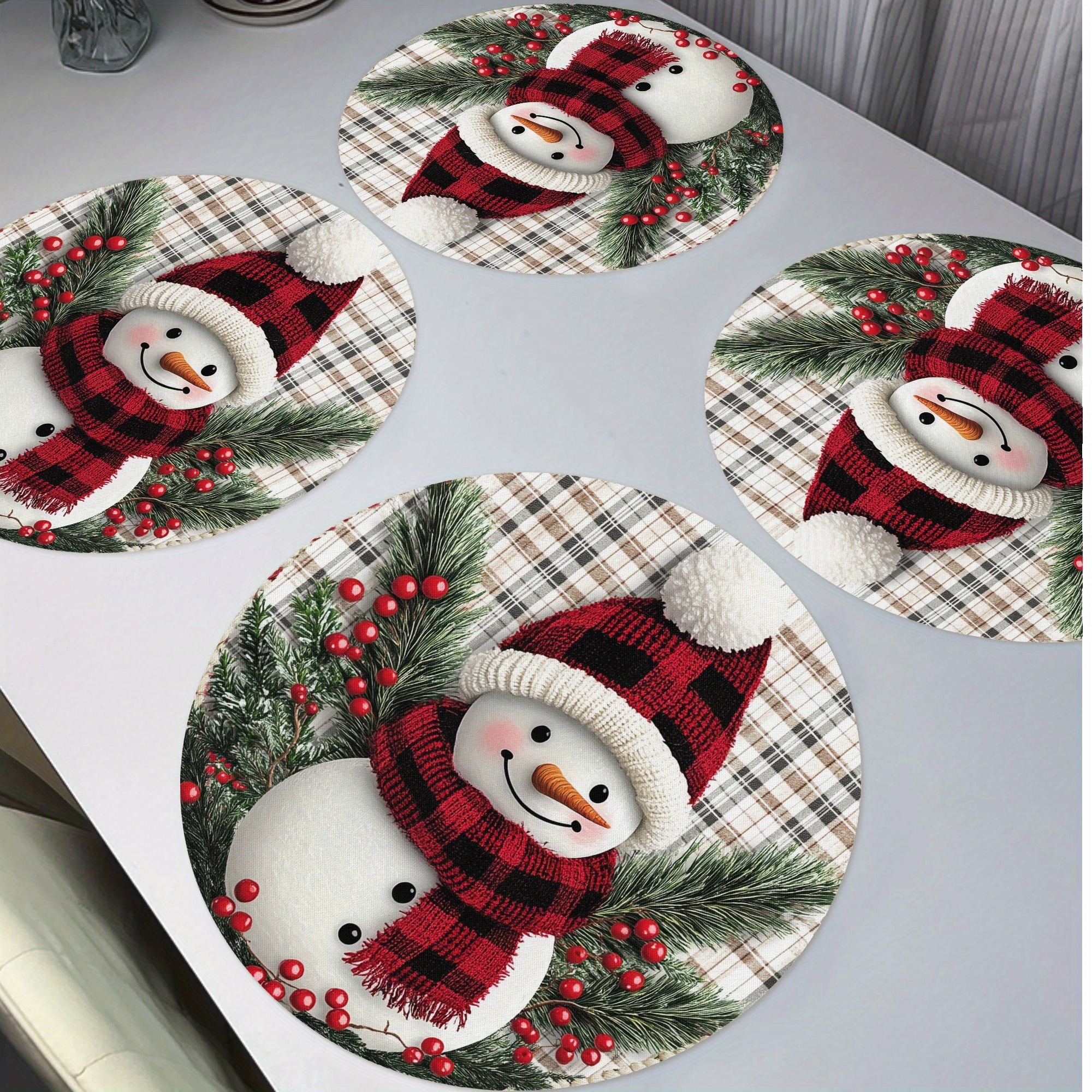 

4-pack Christmas Snowman Round Placemats, 15" Knit Fabric Table Mats, Hand Wash Only, Non-slip, Heat Resistant, Polyester Place Mats For Dining, Kitchen, Holiday Decor