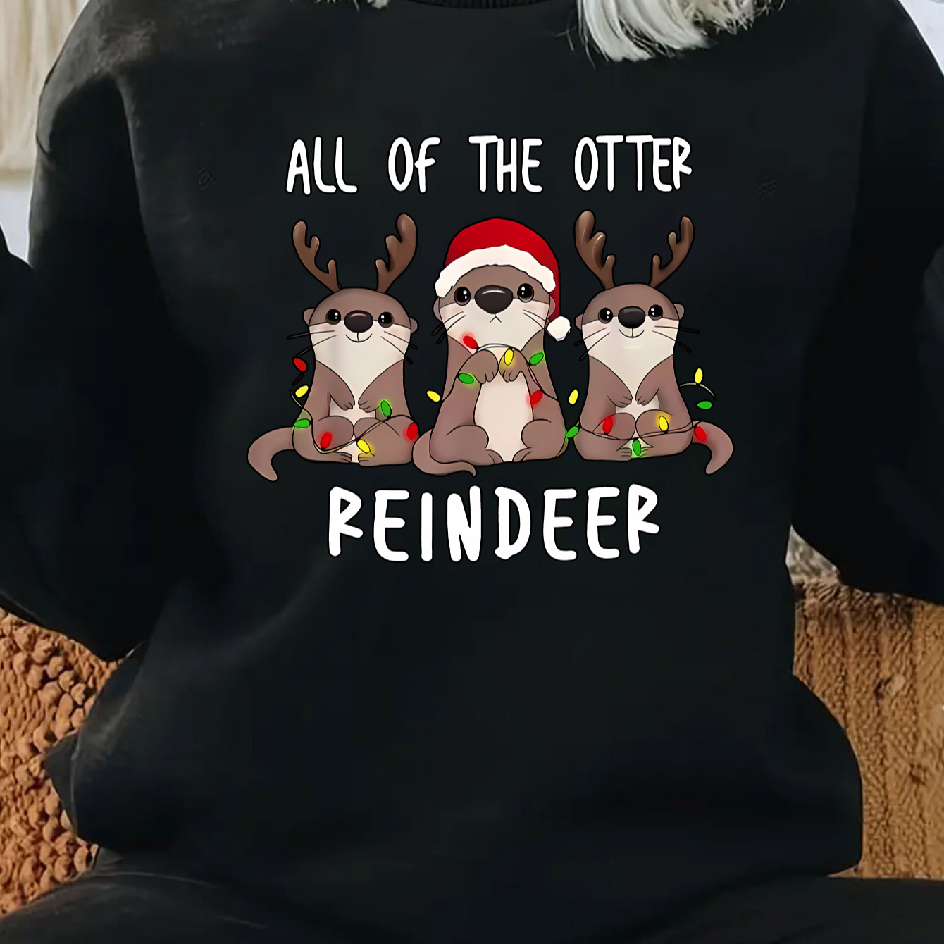 

Christmas Otter Reindeer Graphic Crew Neck Sweatshirt - 100% Polyester Knit Fabric Pullover For Adults, Comfortable Mature Style With Stretch For All