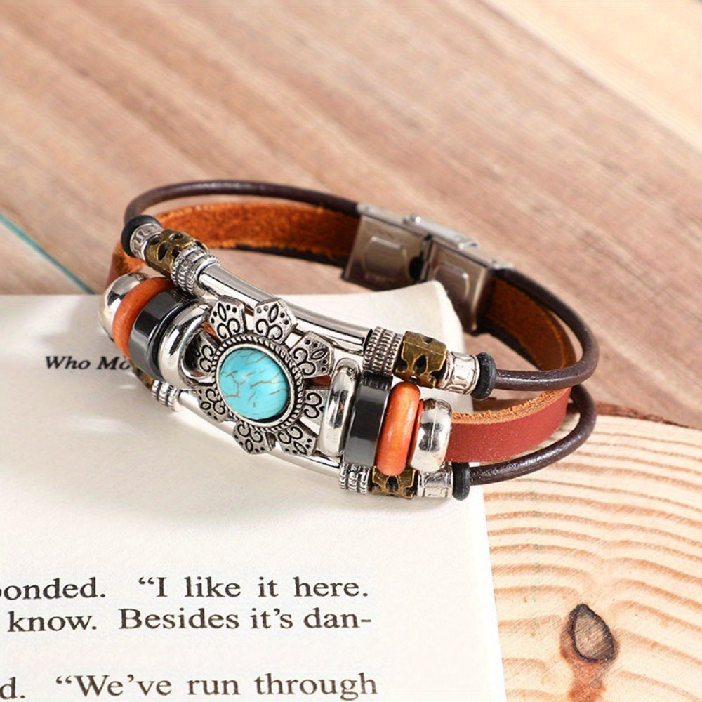 TEMU 1pc Fashionable Men's Bracelet, Bohemian Turquoise Alloy Beads, Design