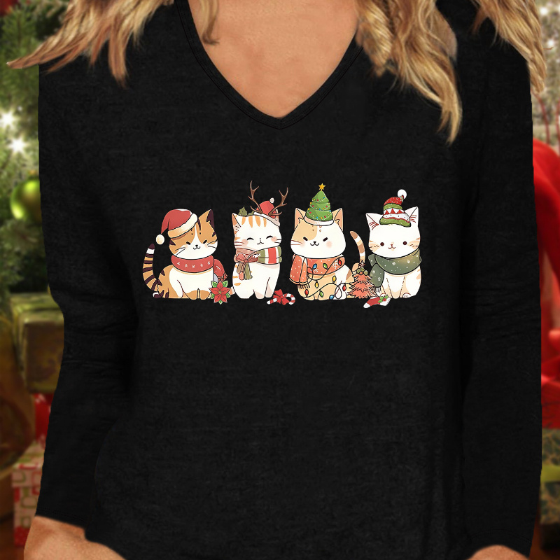 

Christmas Print Comfy T-shirt, V Neck Long Sleeve Sports Tee, Women's Activewear For Fall & Winter